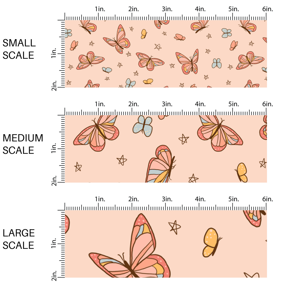 This scale chart of small scale, medium scale, and large scale of these butterfly themed light peachy cream fabric by the yard features small butterflies in light orange and light blue and larger colorful butterflies. 