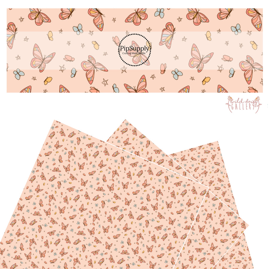 These butterfly themed light peachy cream faux leather sheets contain the following design elements: small butterflies in light orange and light blue and larger colorful butterflies.