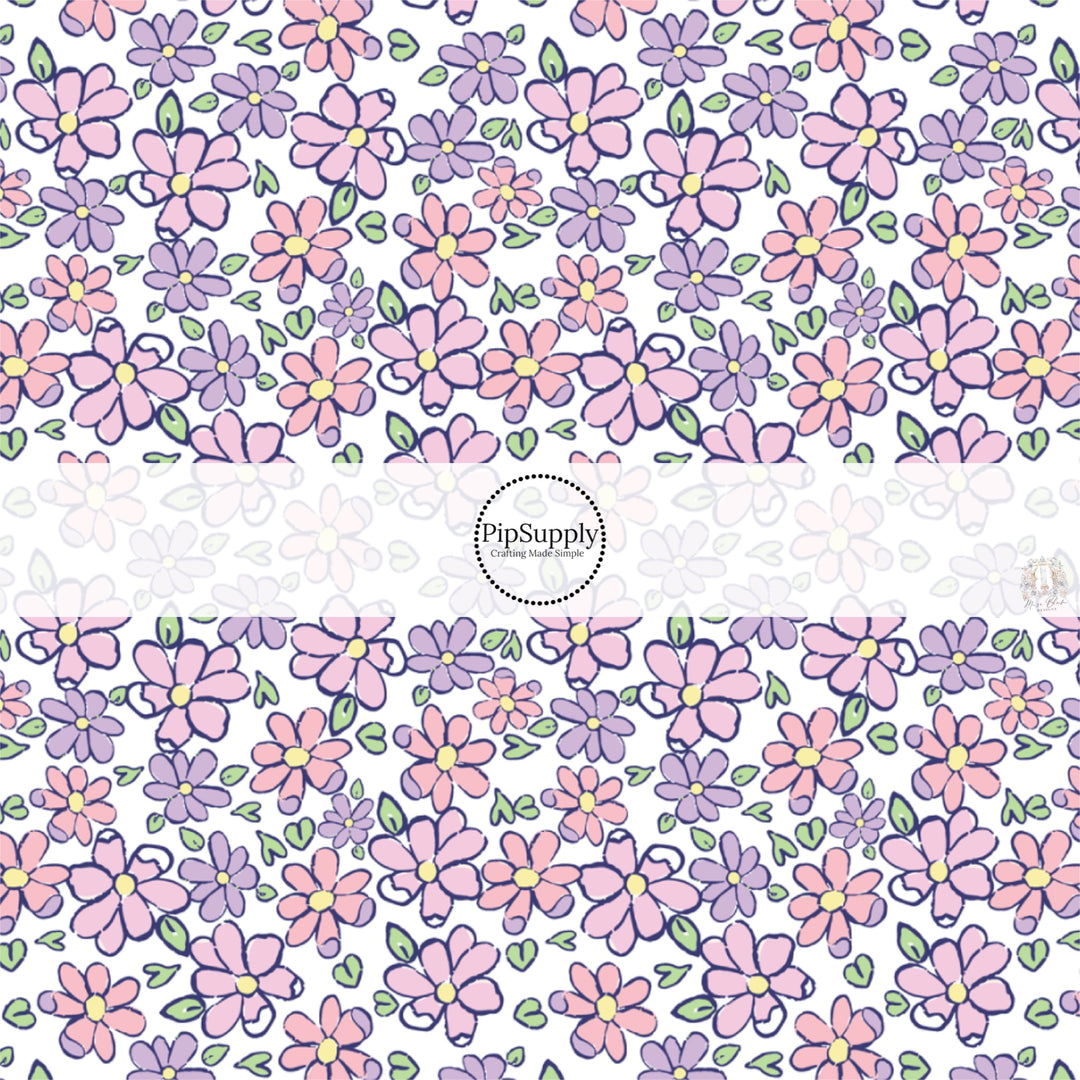 This spring floral fabric by the yard features tiny pink and purple flowers. This seasonal pattern fabric can be used for all your sewing and crafting needs!