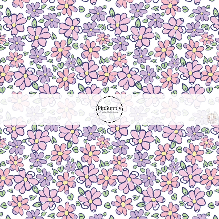 This spring floral fabric by the yard features tiny pink and purple flowers. This seasonal pattern fabric can be used for all your sewing and crafting needs!