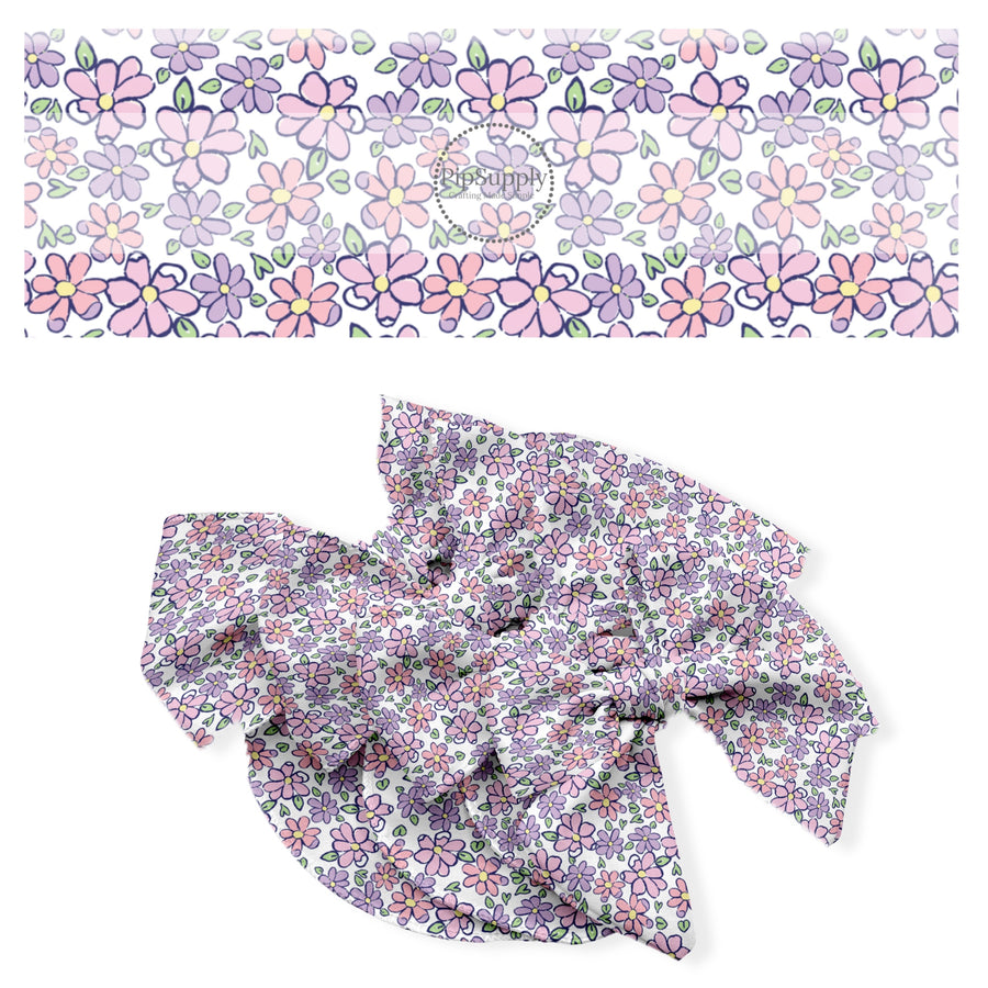 These spring floral no sew bow strips can be easily tied and attached to a clip for a finished hair bow. These fun bow strips are great for personal use or to sell. These bow strips feature the following design elements: tiny pink and purple flowers.