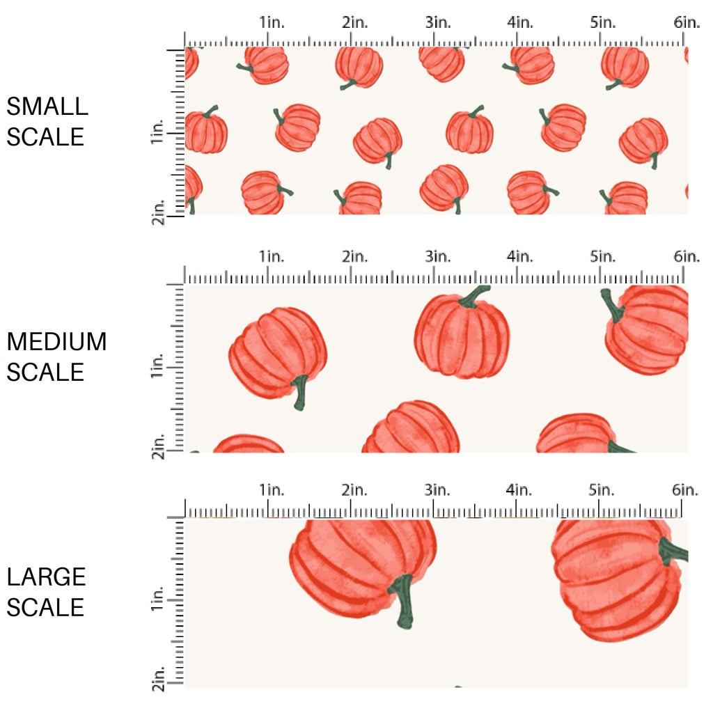 This scale chart of these fall themed pattern fabric by the yard features the following design elements: orange pumpkins on white. This fun themed fabric can be used for all your sewing and crafting needs!