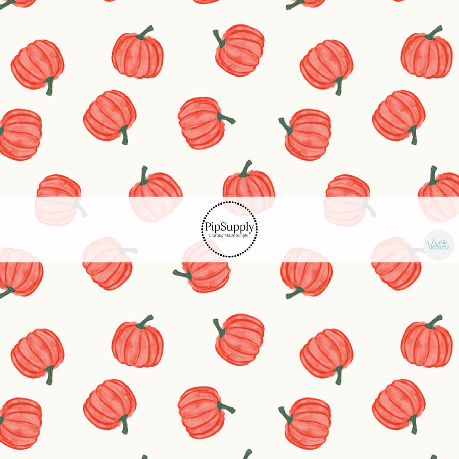 These fall themed pattern fabric by the yard features the following design elements: orange pumpkins on white. This fun themed fabric can be used for all your sewing and crafting needs!