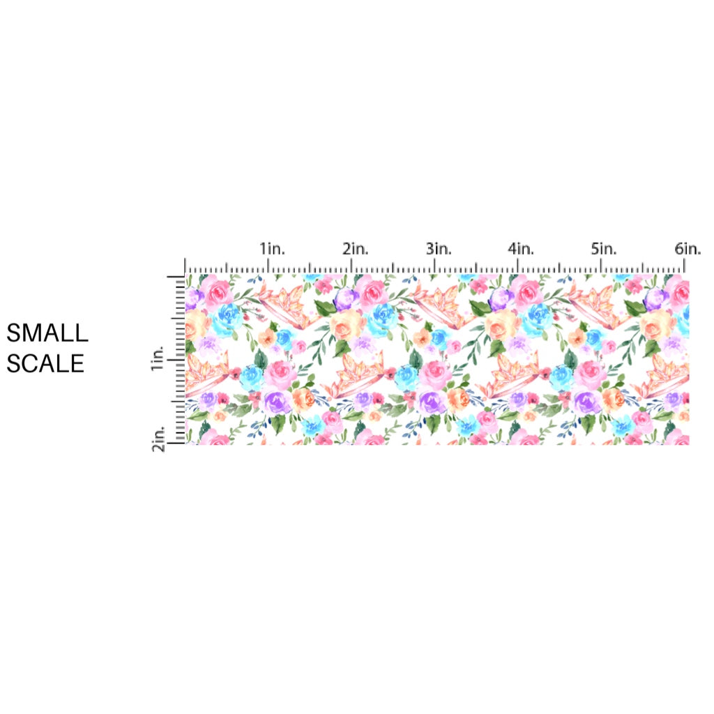 These magical princess themed fabric by the yard features pink princess crowns and flowers. This fun pattern fabric can be used for all your sewing and crafting needs!