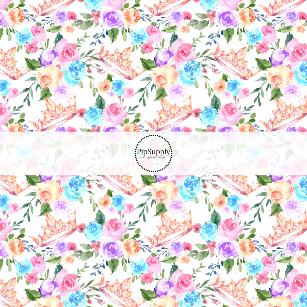 These magical princess themed fabric by the yard features pink princess crowns and flowers. This fun pattern fabric can be used for all your sewing and crafting needs!