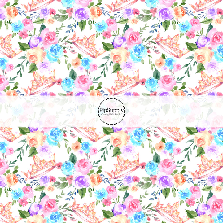 These magical princess themed fabric by the yard features pink princess crowns and flowers. This fun pattern fabric can be used for all your sewing and crafting needs!