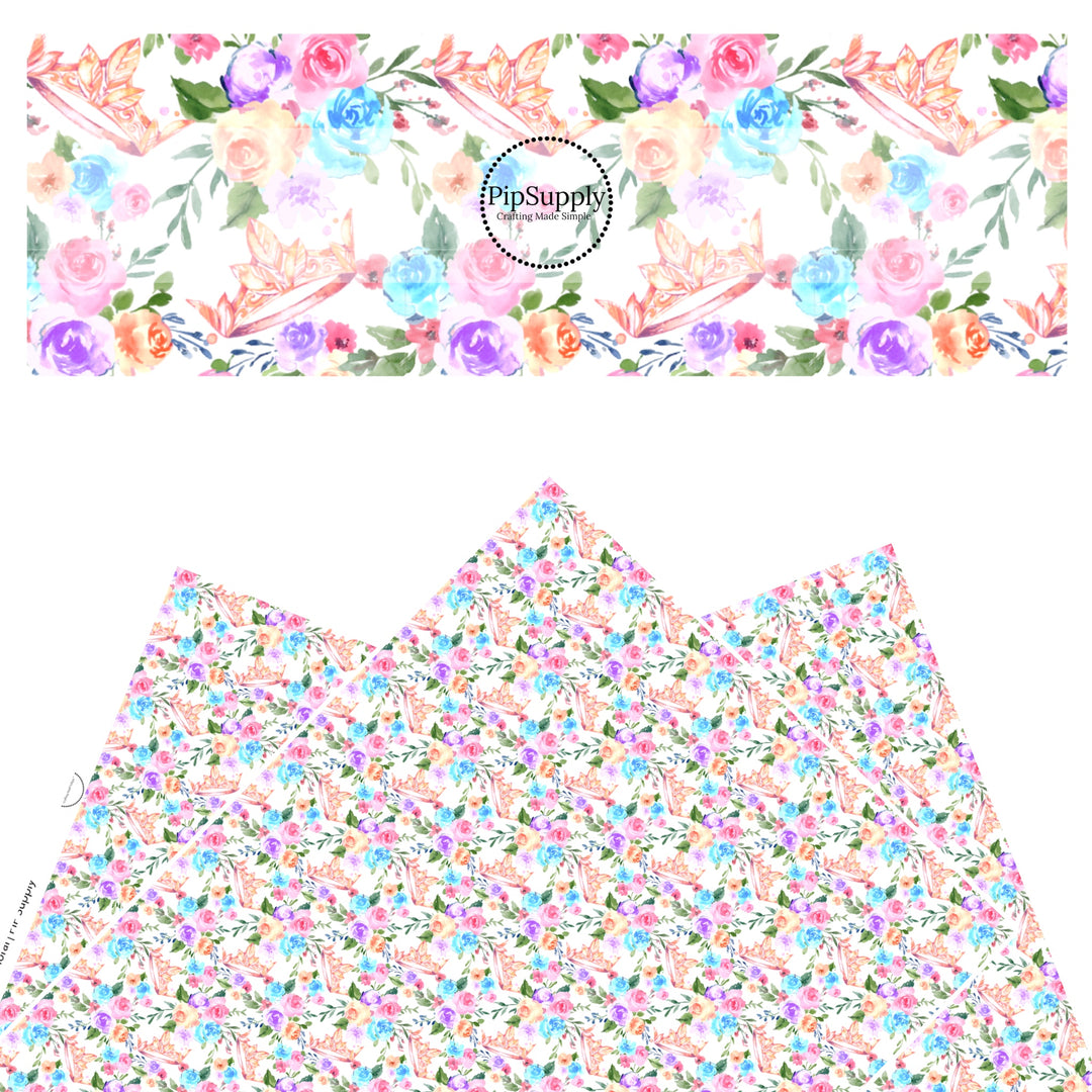 These magical princess themed faux leather sheets contain the following design elements: pink princess crowns and flowers. Our CPSIA compliant faux leather sheets or rolls can be used for all types of crafting projects.