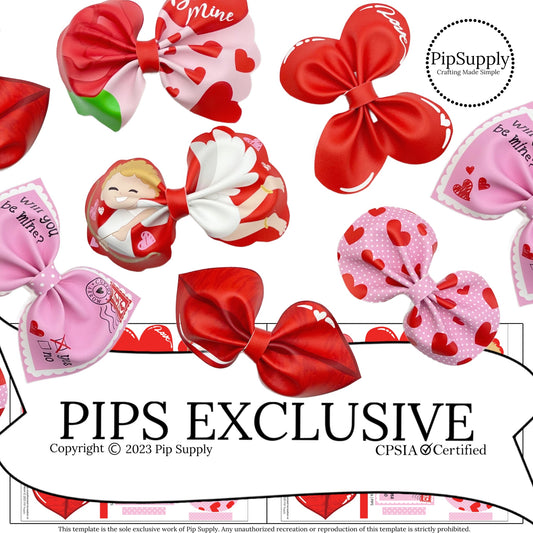Cupid, lips, roses, hearts, and love letters faux leather hair bows