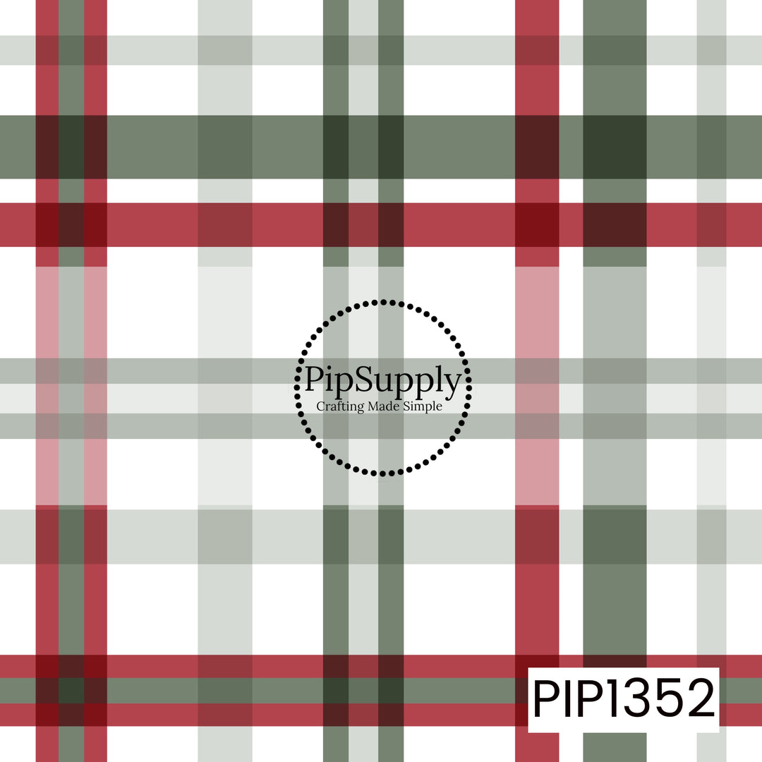 A classic Christmas plaid seamless pattern featuring bold, overlapping horizontal and vertical stripes in rich cranberry red, muted sage green, soft blush pink, and light gray against a crisp white background. The varying stripe widths and layered, semi-transparent colors create a clean, traditional holiday plaid with a timeless and festive feel.