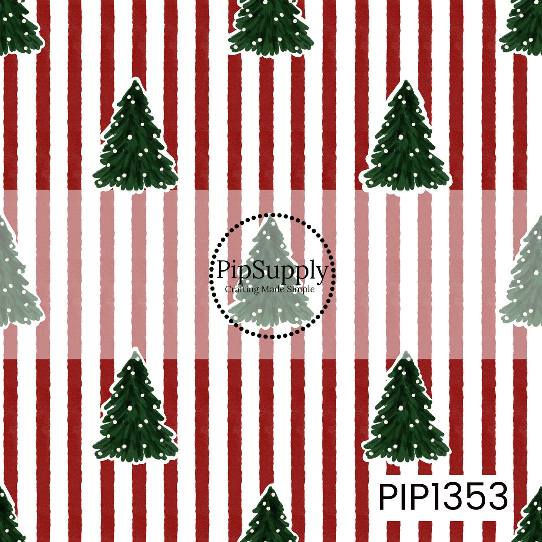 A festive Christmas seamless pattern featuring hand-painted evergreen trees in rich forest green, accented with tiny white dots resembling snow or twinkling lights. The trees are scattered across a background of bold, deep red and white vertical stripes with slightly textured, uneven edges. This design combines classic Christmas colors with a playful, vintage-inspired holiday feel.