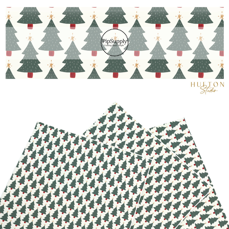 These Christmas themed pattern faux leather sheets contain the following design elements: Christmas trees on cream. Our CPSIA compliant faux leather sheets or rolls can be used for all types of crafting projects.