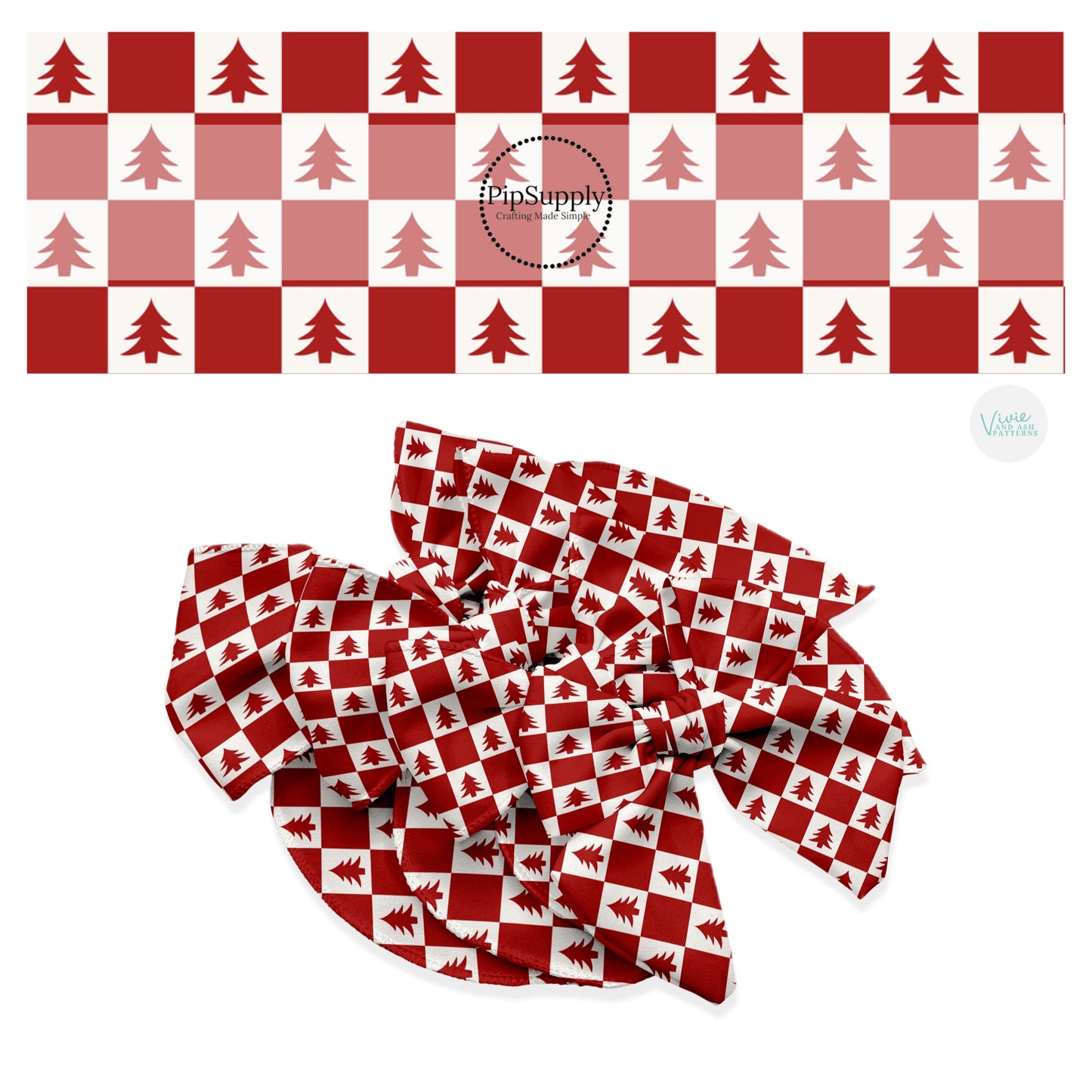 Red trees on white tiles with red checker hair bow strips