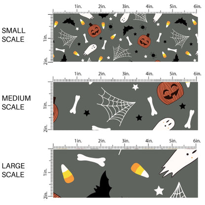 This scale chart of small scale, medium scale, and large scale of these Halloween themed pattern fabric by the yard features the following design elements: pumpkins, ghost, bats, spiders, webs, and candy on gray. This fun spooky themed fabric can be used for all your sewing and crafting needs!