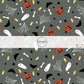 These Halloween themed pattern fabric by the yard features the following design elements: pumpkins, ghost, bats, spiders, webs, and candy on gray. This fun spooky themed fabric can be used for all your sewing and crafting needs!