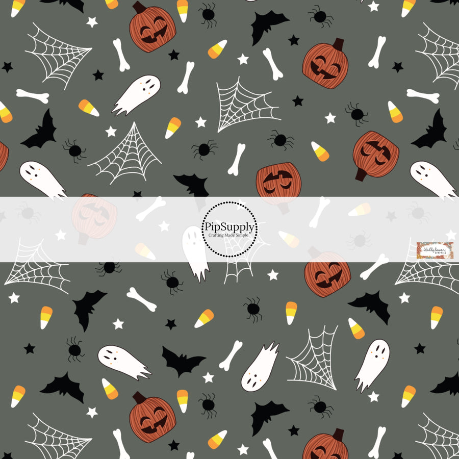 These Halloween themed pattern fabric by the yard features the following design elements: pumpkins, ghost, bats, spiders, webs, and candy on gray. This fun spooky themed fabric can be used for all your sewing and crafting needs!