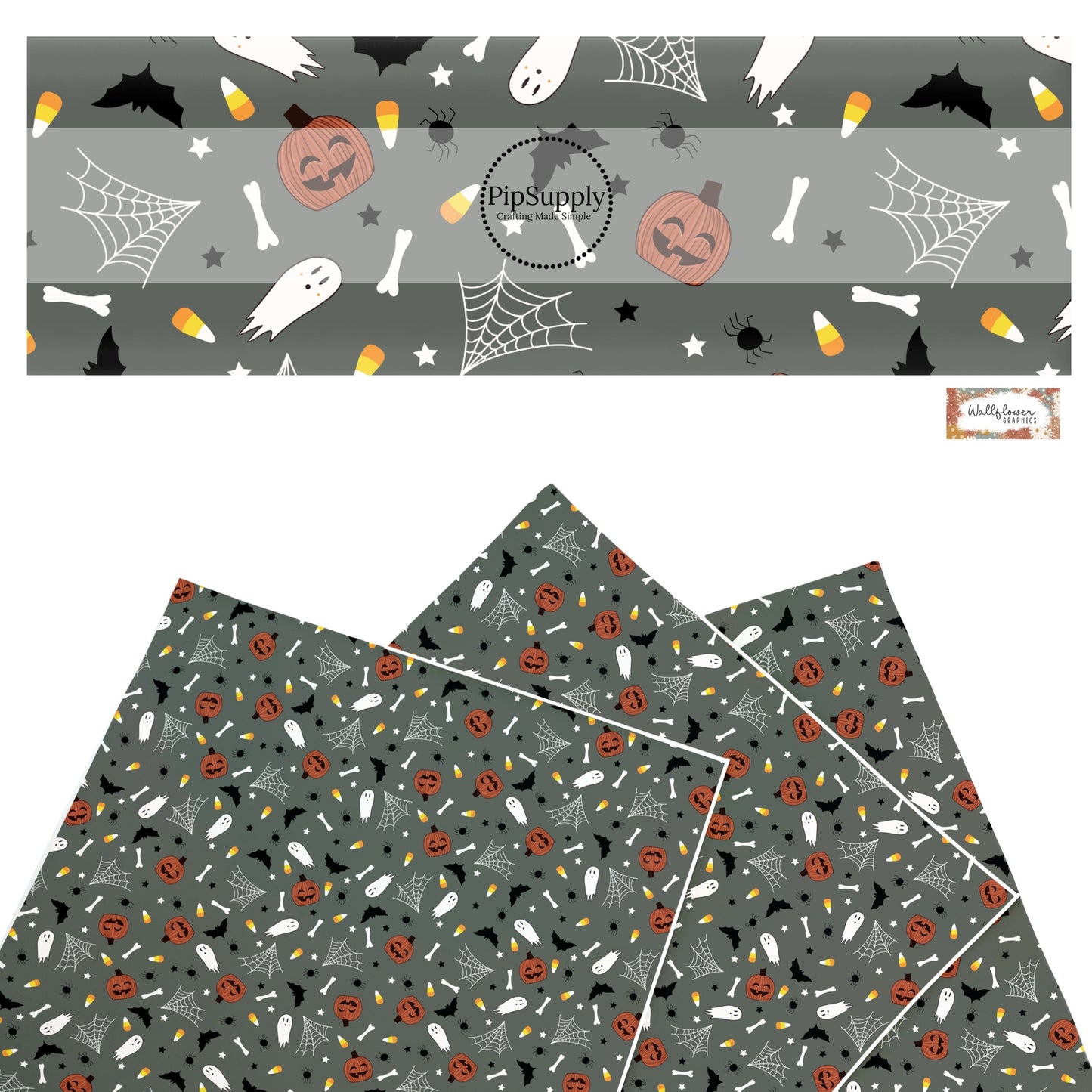 These Halloween themed pattern faux leather sheets contain the following design elements: pumpkins, ghost, bats, spiders, webs, and candy on gray. Our CPSIA compliant faux leather sheets or rolls can be used for all types of crafting projects.