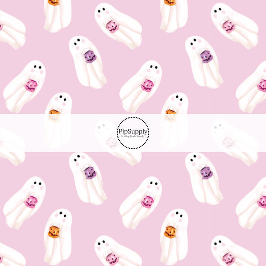 These spooky themed pattern fabric by the yard features the following design elements: ghost on lilac. This fun themed fabric can be used for all your sewing and crafting needs!