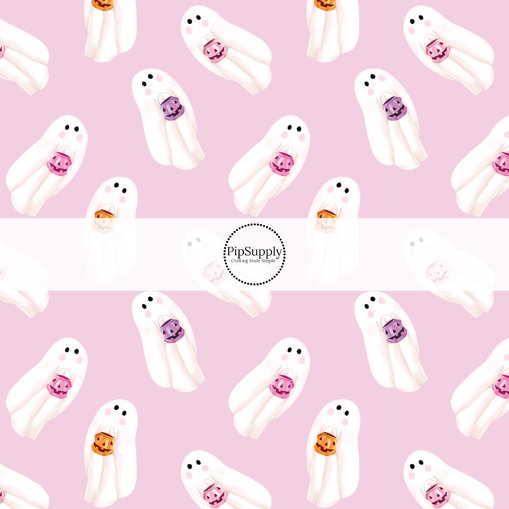 These spooky themed pattern fabric by the yard features the following design elements: ghost on lilac. This fun themed fabric can be used for all your sewing and crafting needs!