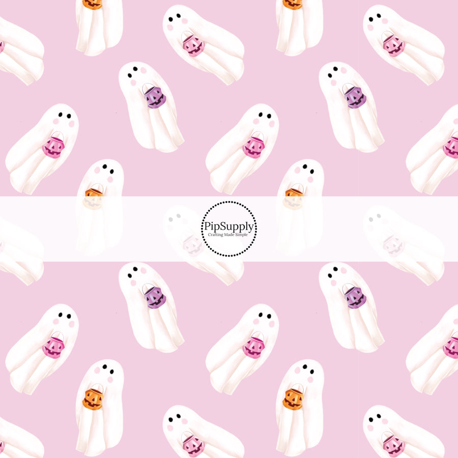 These spooky themed pattern fabric by the yard features the following design elements: ghost on lilac. This fun themed fabric can be used for all your sewing and crafting needs!