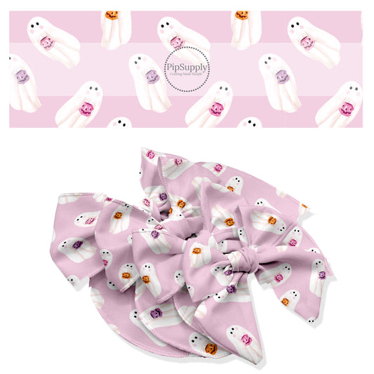 These spooky themed no sew bow strips can be easily tied and attached to a clip for a finished hair bow. These fun patterned bow strips are great for personal use or to sell. These bow strips feature the following design elements: ghost on lilac.