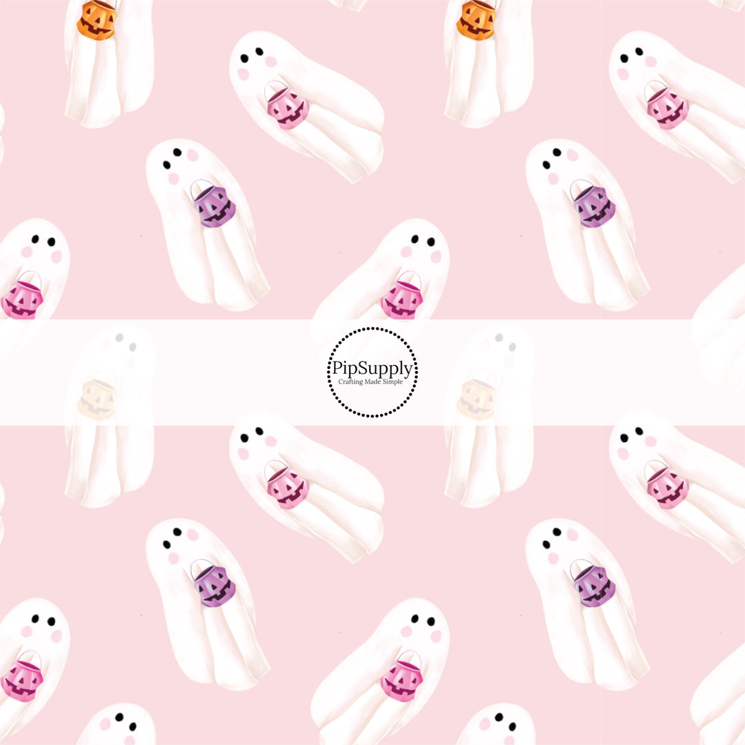 These spooky themed pattern fabric by the yard features the following design elements: ghost on pale pink. This fun themed fabric can be used for all your sewing and crafting needs!