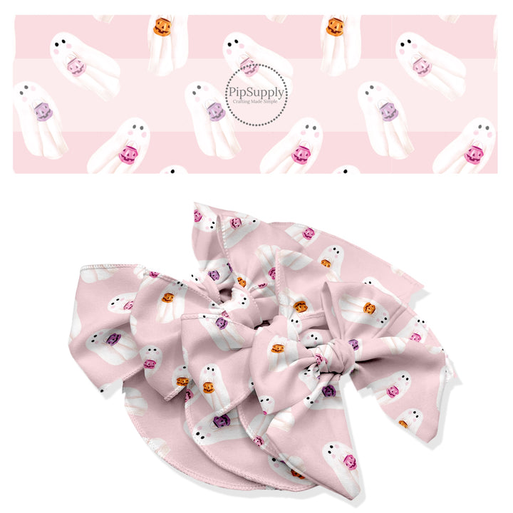 These spooky themed no sew bow strips can be easily tied and attached to a clip for a finished hair bow. These fun patterned bow strips are great for personal use or to sell. These bow strips feature the following design elements: ghost on pink.