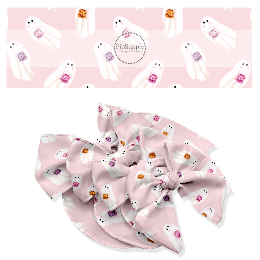 These spooky themed no sew bow strips can be easily tied and attached to a clip for a finished hair bow. These fun patterned bow strips are great for personal use or to sell. These bow strips feature the following design elements: ghost on pink.