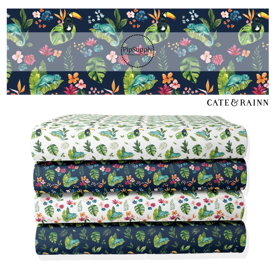 These jungle pattern fabric by the yard features tropical jungle chameleon foliage. This fun fabric can be used for all your sewing and crafting needs!