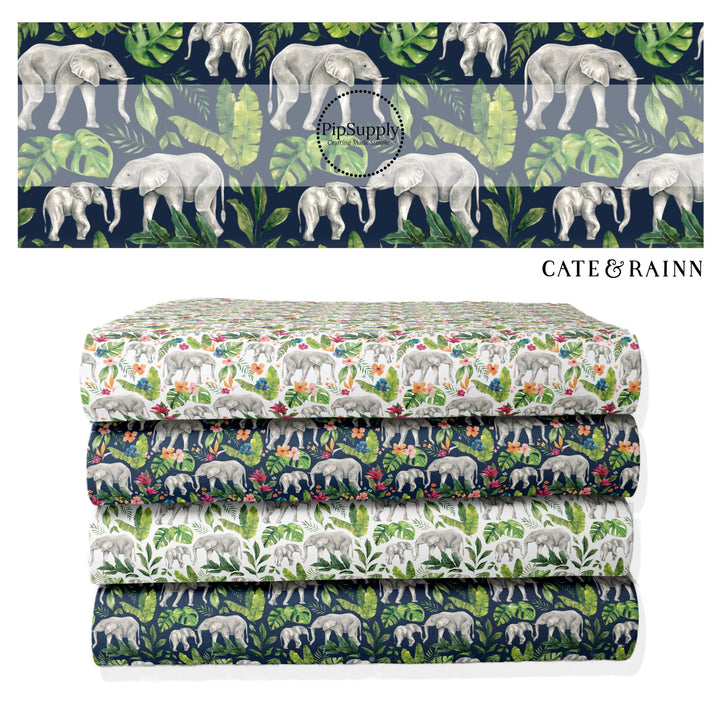 These jungle pattern fabric by the yard features tropical jungle elephant foliage. This fun fabric can be used for all your sewing and crafting needs!