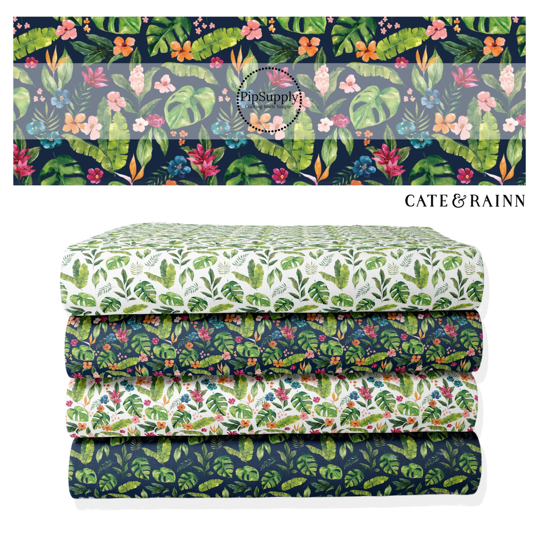 These jungle pattern fabric by the yard features tropical jungle foliage. This fun fabric can be used for all your sewing and crafting needs!