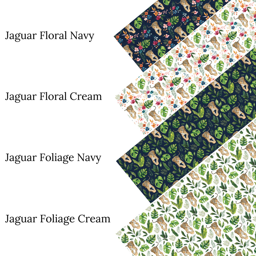 These jungle pattern faux leather sheets contain the following design elements: tropical jaguars. Our CPSIA compliant faux leather sheets or rolls can be used for all types of crafting projects.