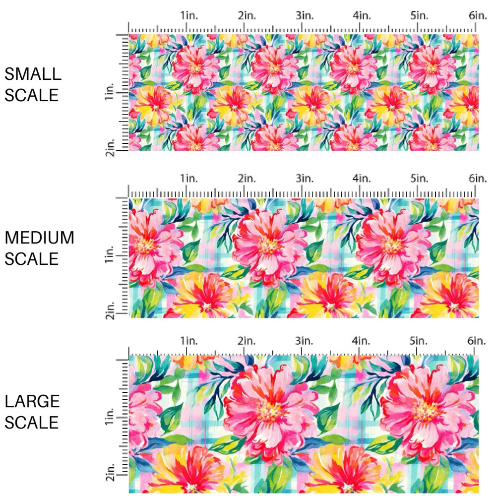 These tropical floral fabric by the yard features bright tropical flowers on plaid pattern. This fun pattern fabric can be used for all your sewing and crafting needs!