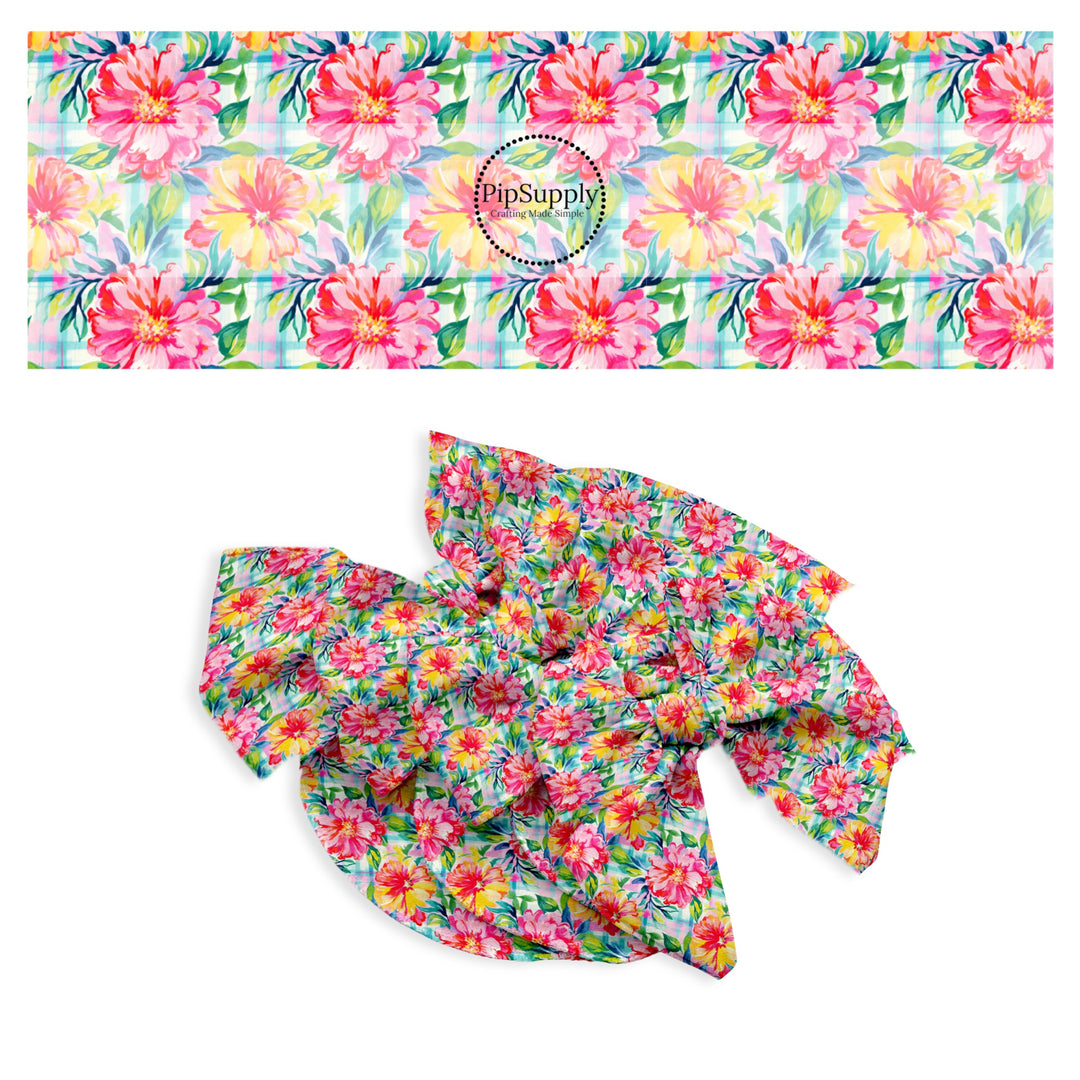 These tropical floral no sew bow strips can be easily tied and attached to a clip for a finished hair bow. These bow strips are great for personal use or to sell. These bow strips feature the following design elements: bright tropical flowers on plaid pattern.