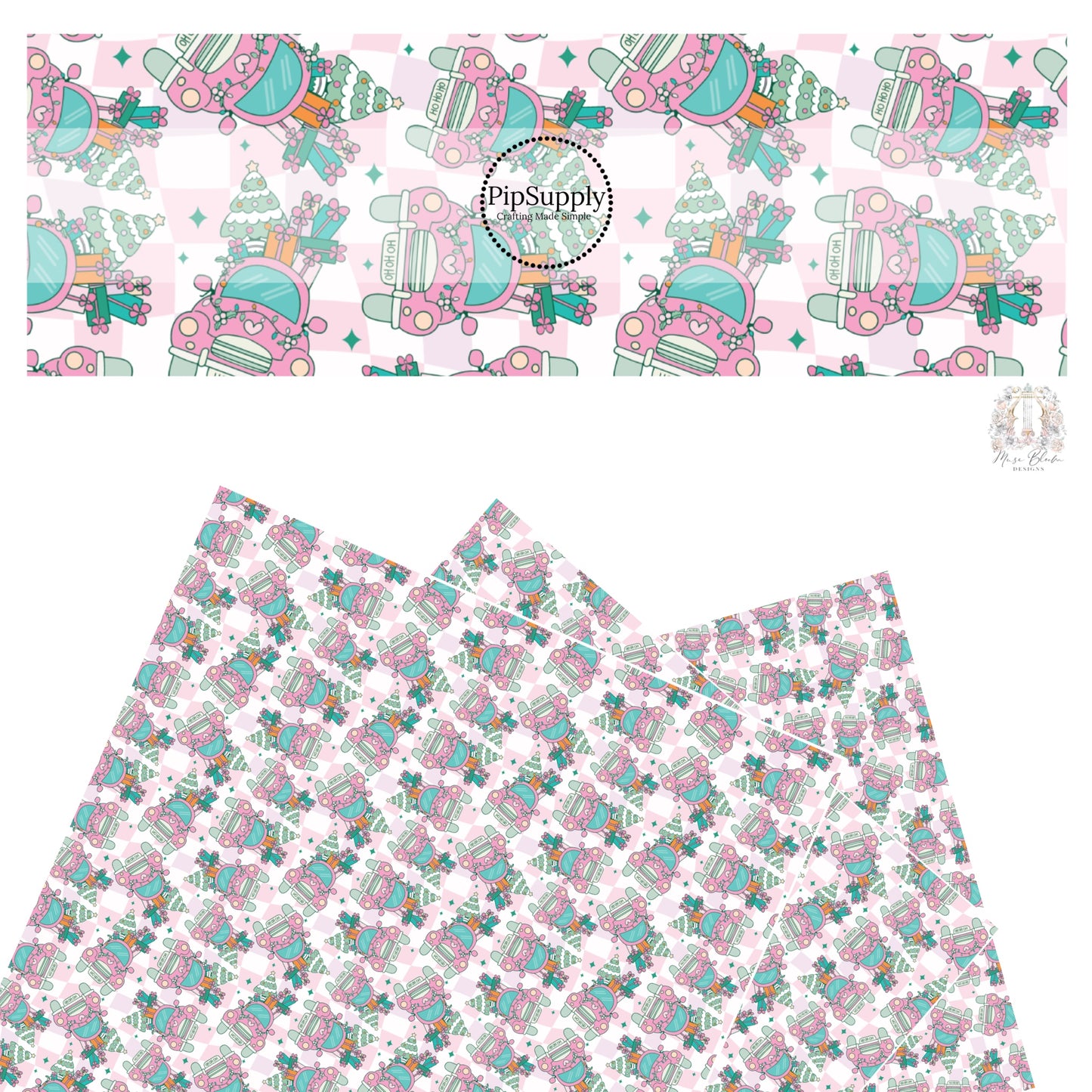 Pink truck with christmas tree and decorations on pink and white checkered faux leather sheets