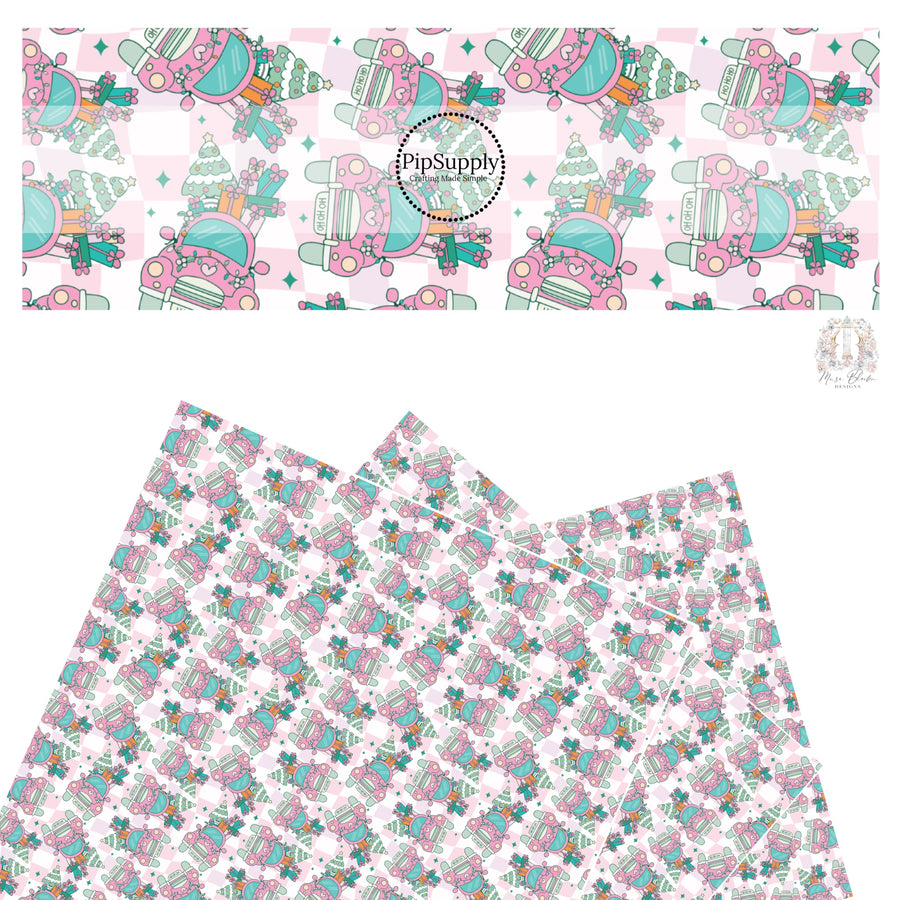 Pink truck with christmas tree and decorations on pink and white checkered faux leather sheets