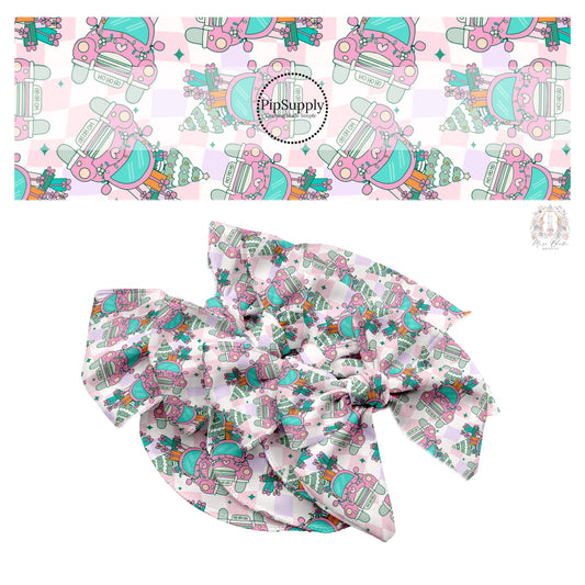 Pink truck with christmas trees and presnets on pink and purple wavy checkered hair bow strips