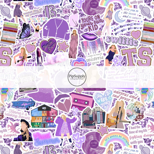 This Taylor inspired fabric by the yard features eras tour concert inspired pattern on purple. This fun themed fabric can be used for all your sewing and crafting needs!