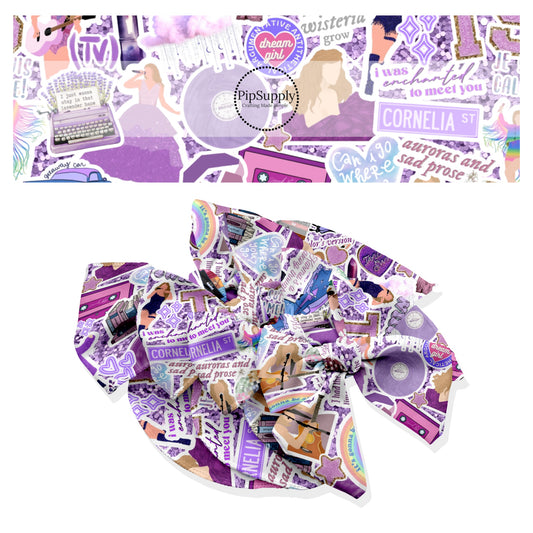 These Taylor inspired themed no sew bow strips can be easily tied and attached to a clip for a finished hair bow. These concert themed patterned bow strips are great for personal use or to sell. These bow strips feature eras tour concert inspired pattern on purple.