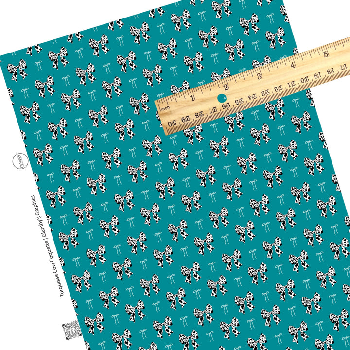 These spring pattern themed faux leather sheets contain the following design elements: blue bows and cow pattern bows on turquoise. Our CPSIA compliant faux leather sheets or rolls can be used for all types of crafting projects.