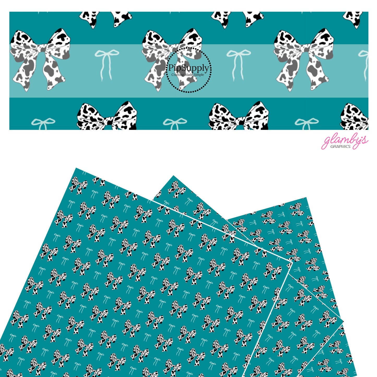 These spring pattern themed faux leather sheets contain the following design elements: blue bows and cow pattern bows on turquoise. Our CPSIA compliant faux leather sheets or rolls can be used for all types of crafting projects.