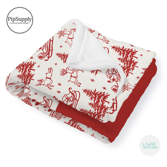 This winter designer pattern is printed onto the front side of our soft touch minky blankets. The backside will not be printed and left the natural cream/white color of the blanket. This print pattern features red Santa sleigh and reindeer on cream.