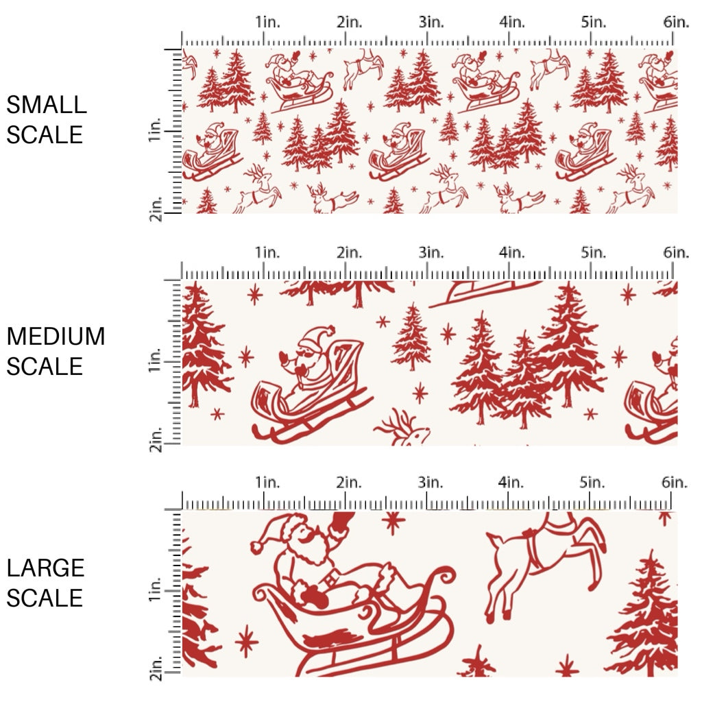 These Christmas themed pattern fabric by the yard features the following design elements: red Santa sleigh and reindeer on cream. This fun themed fabric can be used for all your sewing and crafting needs!