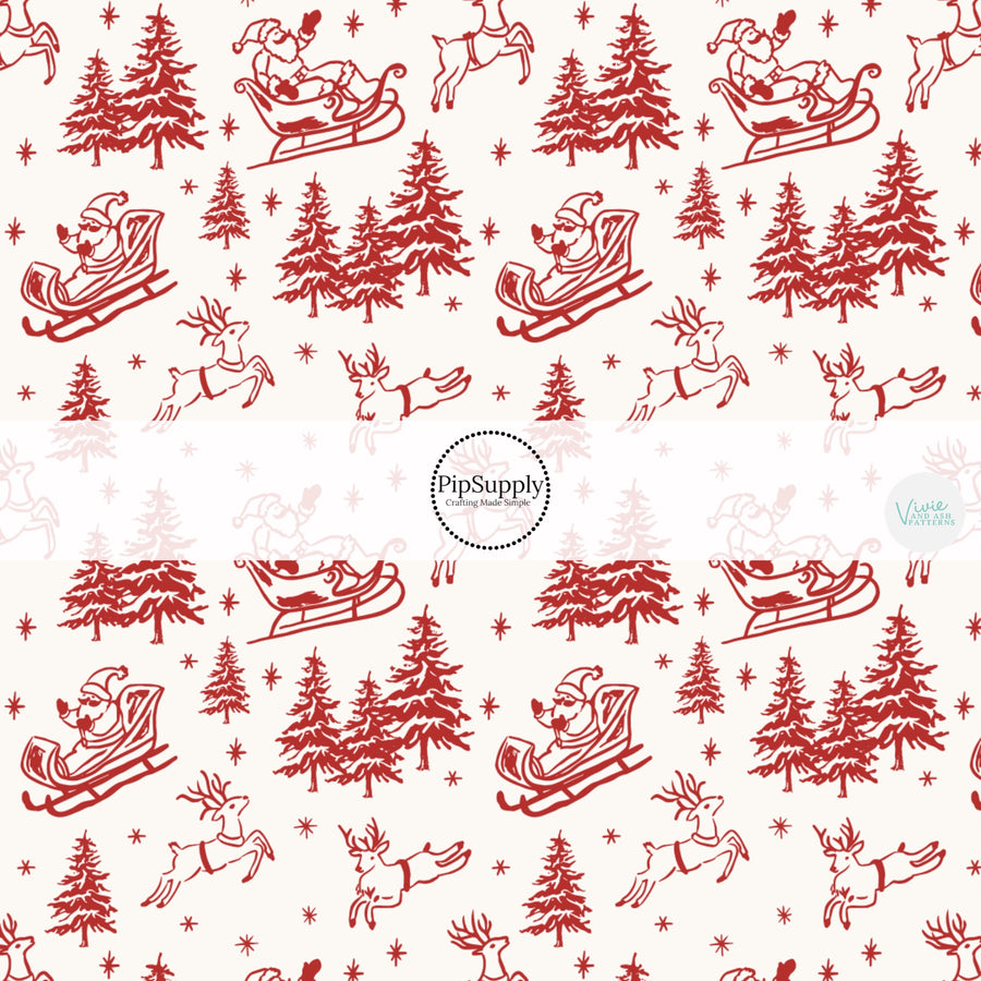 These Christmas themed pattern fabric by the yard features the following design elements: red Santa sleigh and reindeer on cream. This fun themed fabric can be used for all your sewing and crafting needs!