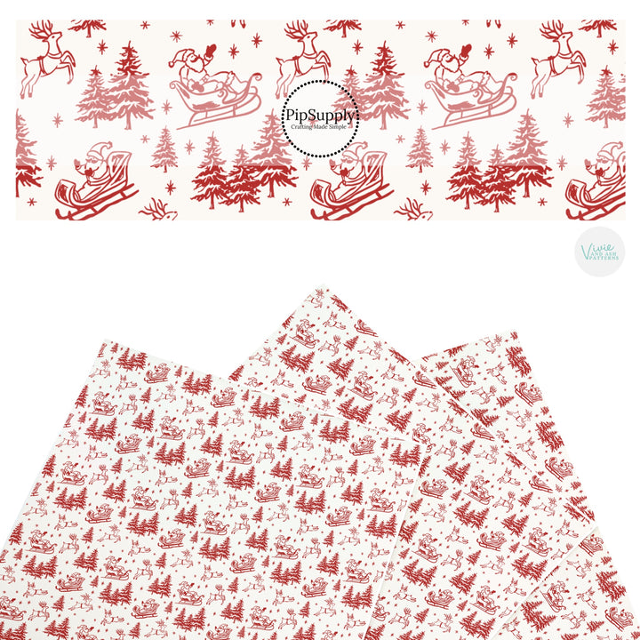 These Christmas themed pattern faux leather sheets contain the following design elements: red Santa sleigh and reindeer on cream. Our CPSIA compliant faux leather sheets or rolls can be used for all types of crafting projects.