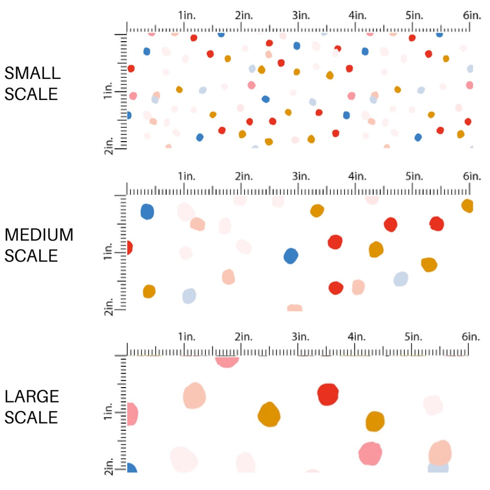 This scale chart of small scale, medium scale, and large scale of this summer fabric by the yard features multi colored dots on white. This fun themed fabric can be used for all your sewing and crafting needs!