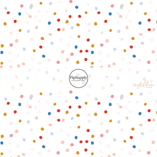 This summer fabric by the yard features multi colored dots on white. This fun themed fabric can be used for all your sewing and crafting needs!