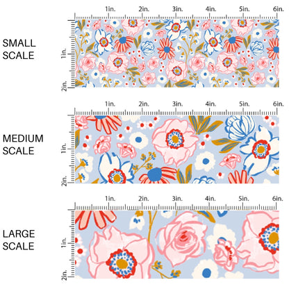 This scale chart of small scale, medium scale, and large scale of this summer fabric by the yard features summer pink and blue flowers. This fun themed fabric can be used for all your sewing and crafting needs!