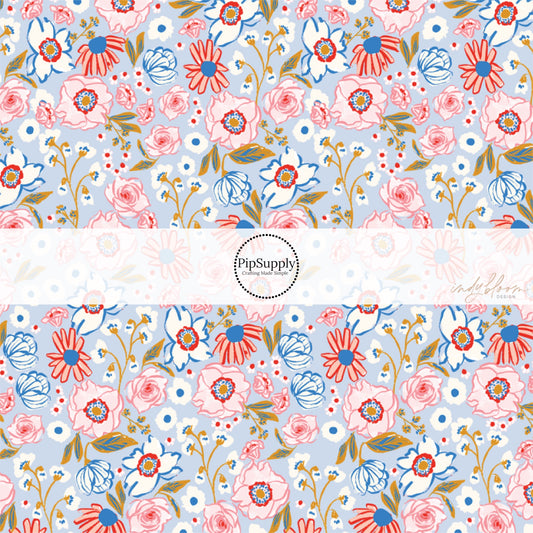 This summer fabric by the yard features summer pink and blue flowers. This fun themed fabric can be used for all your sewing and crafting needs!&nbsp;