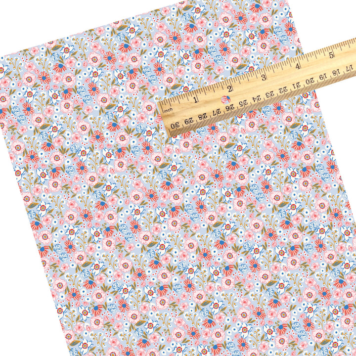 These summer faux leather sheets contain the following design elements: summer pink and blue flowers. Our CPSIA compliant faux leather sheets or rolls can be used for all types of crafting projects.