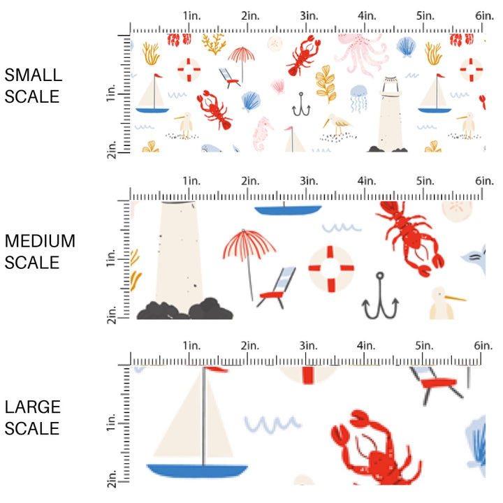 This scale chart of small scale, medium scale, and large scale of this summer fabric by the yard features sailboats, light houses, crabs, and ocean life. This fun themed fabric can be used for all your sewing and crafting needs!